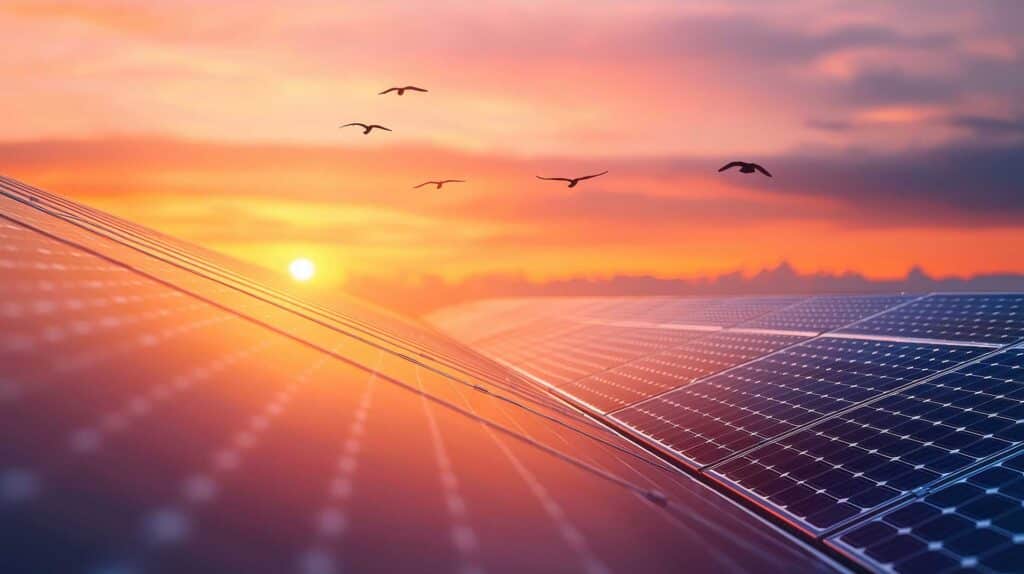 Flock of birds flying into the sunset away from clean solar panels