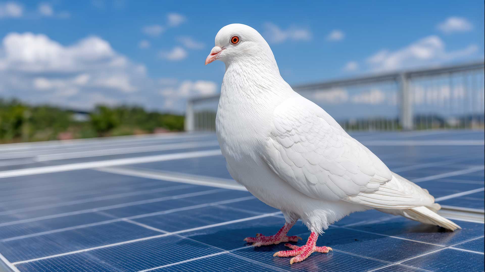 A serene white pigeon stands gracefully on solar panels, set under a bright blue sky dotted with fluffy clouds, symbolizing harmony between nature and technology.